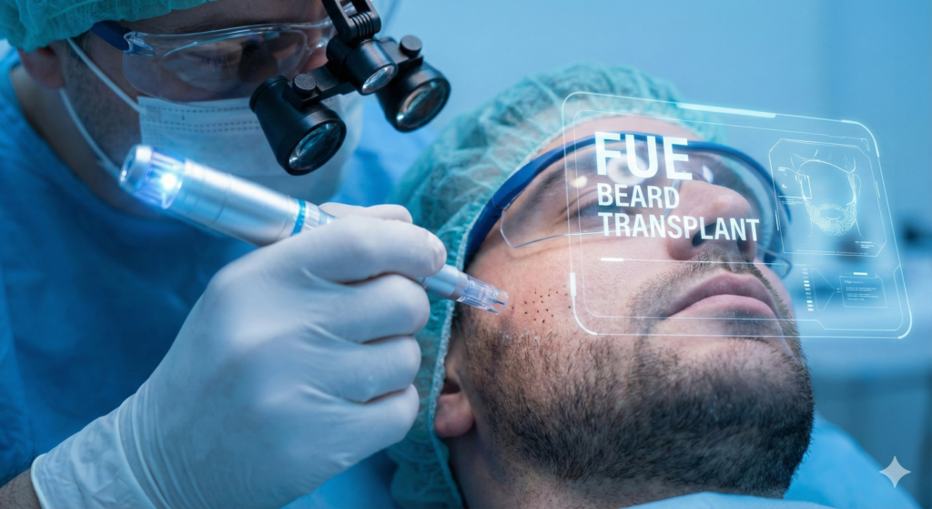 Surgeon meticulously implanting individual hair follicles during an FUE beard transplant procedure.