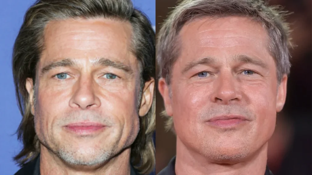 Close-up comparison of Brad Pitt's facial features and skin texture, highlighting the refined jawline and lack of wrinkles associated with Brad Pitt facelift rumors.