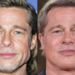 Close-up comparison of Brad Pitt's facial features and skin texture, highlighting the refined jawline and lack of wrinkles associated with Brad Pitt facelift rumors.