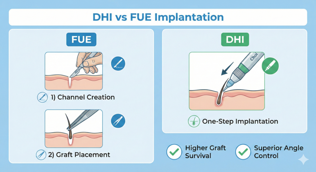 Comparative graphic showing the difference between FUE (two steps: incision and placement) and DHI (one step: direct implantation with the Choi Pen), highlighting DHI's benefits like higher density.