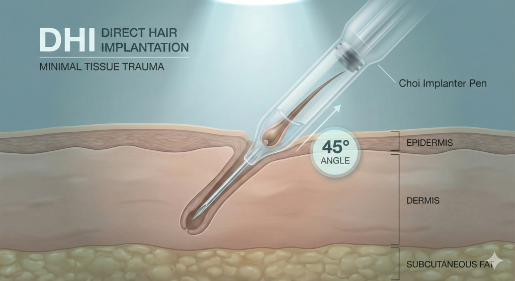 Detailed cross-section illustrating the DHI hair transplant process using the Choi Implanter Pen for precise, one-step follicular implantation.