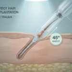Detailed cross-section illustrating the DHI hair transplant process using the Choi Implanter Pen for precise, one-step follicular implantation.