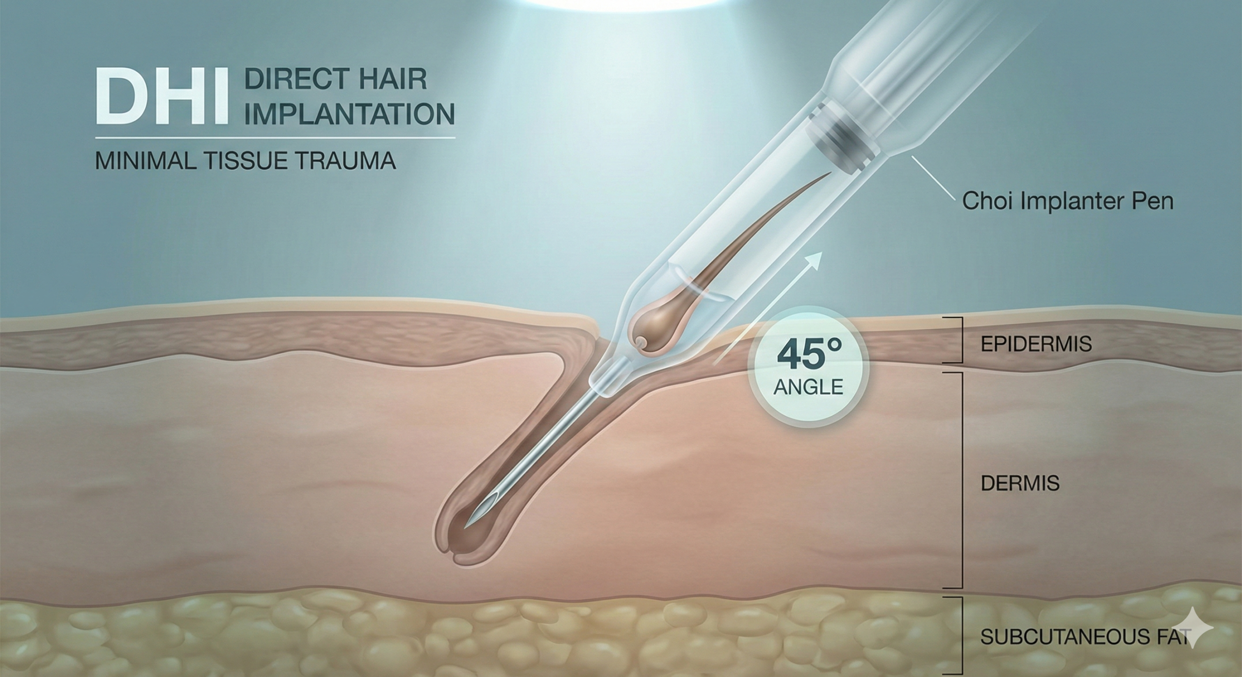 Detailed cross-section illustrating the DHI hair transplant process using the Choi Implanter Pen for precise, one-step follicular implantation.