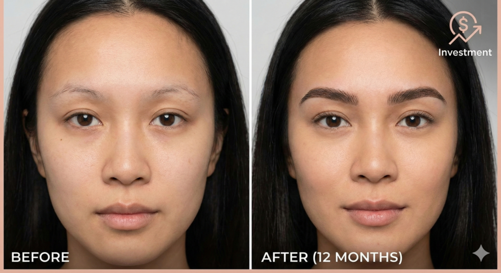 Before and after photos showcasing the successful, natural results of an eyebrow transplant surgery.