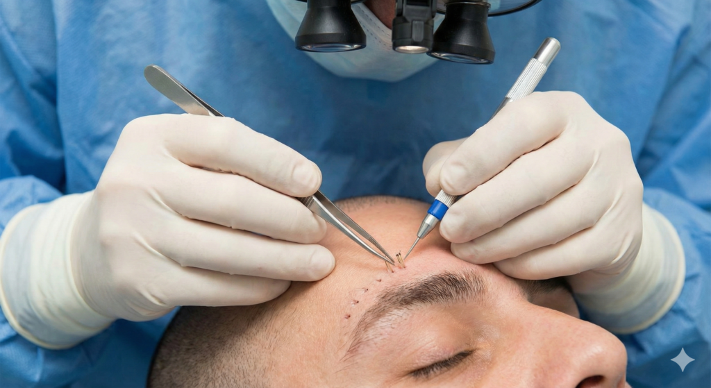 Close-up illustration of the precise implantation stage of an FUE eyebrow transplant procedure step-by-step.