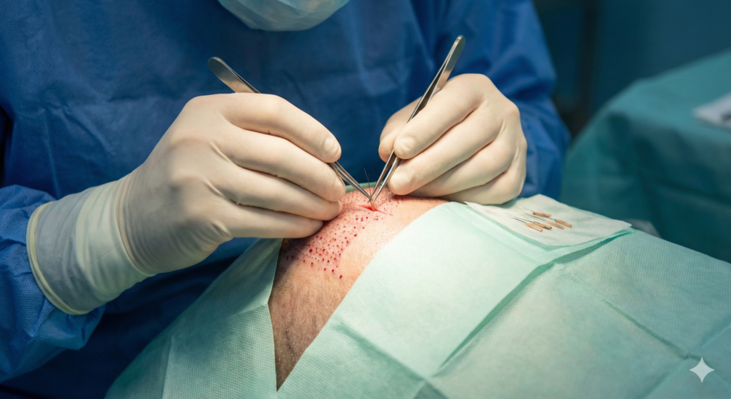 Close-up view of a Follicular Unit Extraction (FUE) hair transplant procedure, showing a surgeon implanting individual grafts into the scalp.