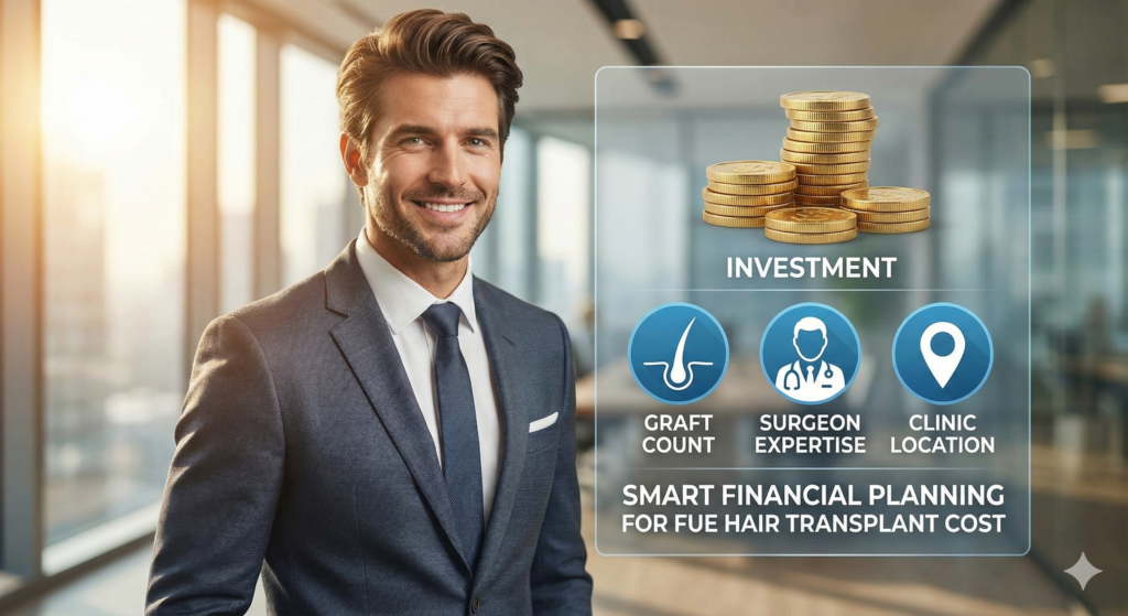 Graphic illustrating the investment and cost factors of an FUE hair transplant, featuring a confident man with successful hair restoration results.