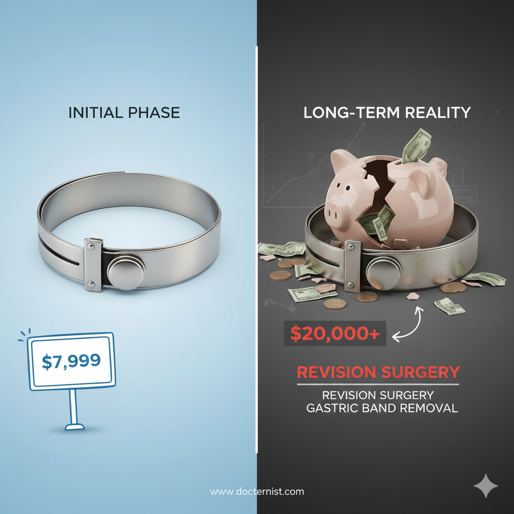 Comparison of initial low gastric band cost versus the higher long-term financial commitment required for potential gastric band removal or revision surgery.