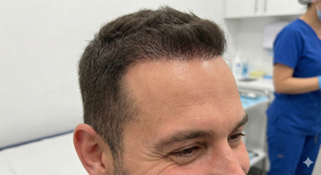 Successful hair transplant surgery results showing a dense, natural restored hairline after an FUE or DHI procedure.