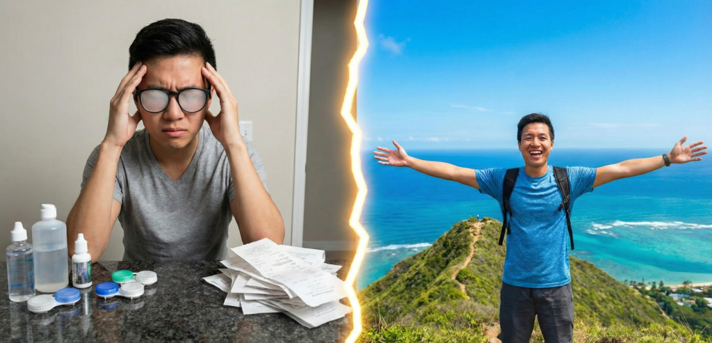 Person happily discarding old glasses and contact lenses, enjoying crystal-clear vision outdoors after successful LASIK, illustrating the procedure's long-term value.