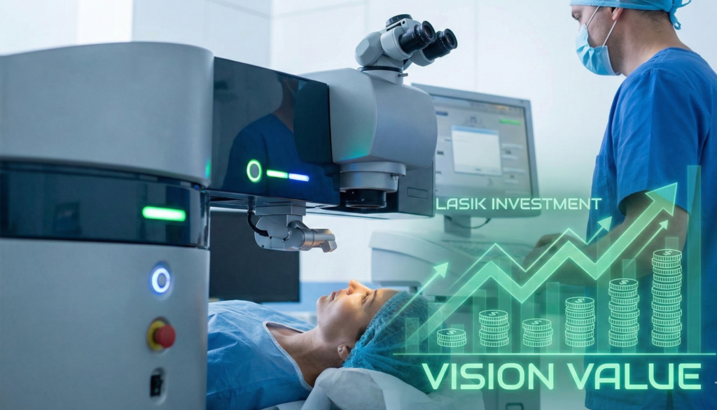Advanced laser machine performing custom wavefront LASIK eye surgery, symbolizing the cost and investment in clear vision.