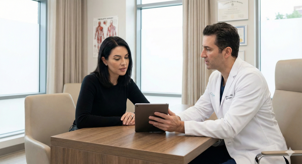 A woman discussing mommy makeover price and options during a consultation with a surgeon.