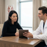 A woman discussing mommy makeover price and options during a consultation with a surgeon.