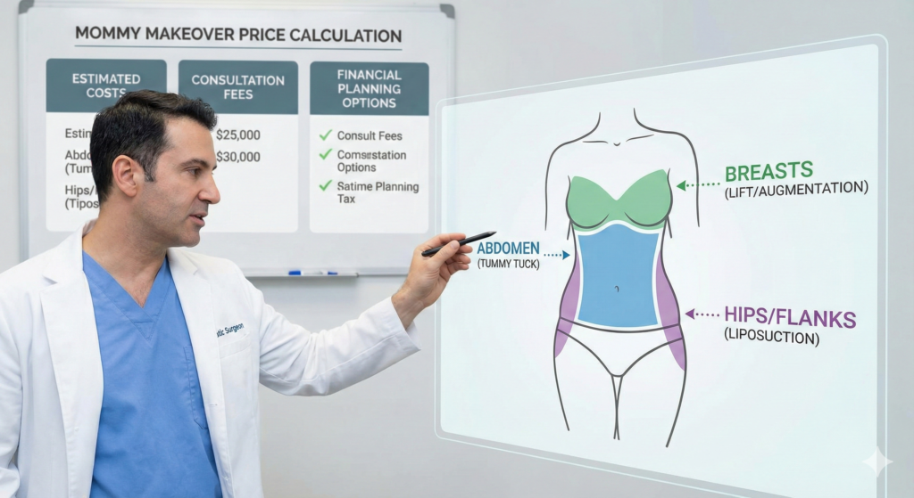 Diagram outlining the key components (tummy tuck, breast lift, liposuction) and financial planning involved in a mommy makeover procedure.