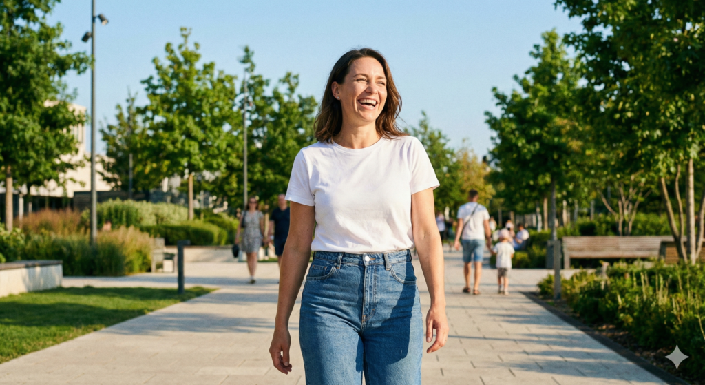 A happy, confident mom walking outdoors after a mommy makeover procedure.