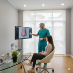 Surgeon and patient discussing nose job Kosovo surgery plans using a 3D digital model in a modern clinic setting in Kosovo.