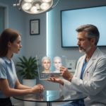 Surgeon discussing 3D rhinoplasty simulation with a patient during a consultation about nose reshaping cost.