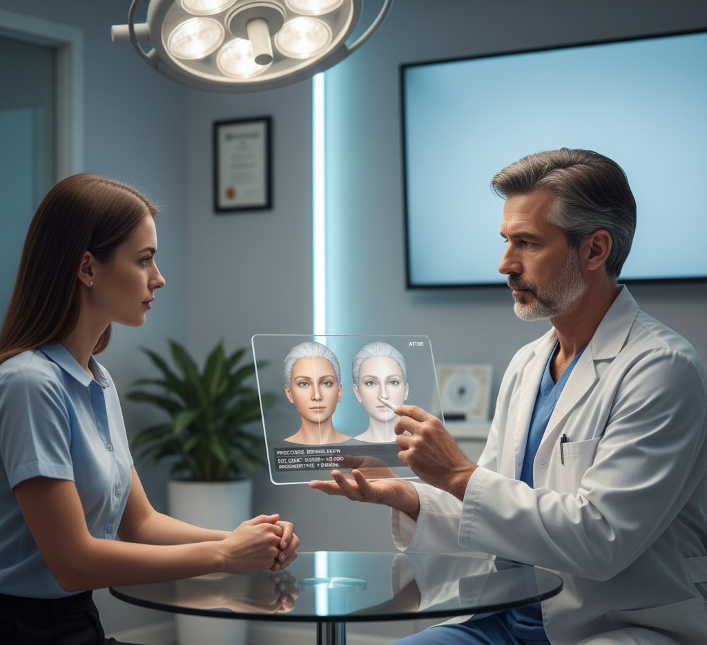 Surgeon discussing 3D rhinoplasty simulation with a patient during a consultation about nose reshaping cost.