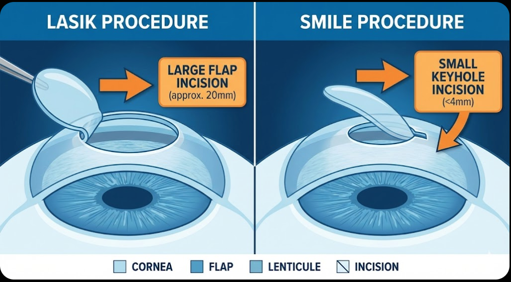 Diagram comparing LASIK flap creation with the minimally invasive, flapless lenticule extraction technique used in SMILE eye surgery.