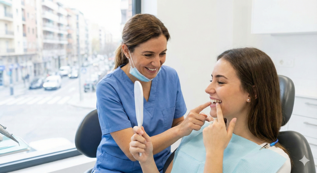 A woman smiling into a mirror at a dental clinic while consulting with a dentist about what are veneers.