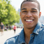 A confident man smiling outdoors, showcasing the results of veneers before and after.