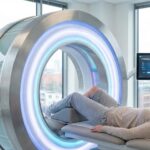 Patient undergoing non-invasive Cytotron Europa treatment using Quantum Magnetic Resonance (QMR) technology for regenerative knee care.