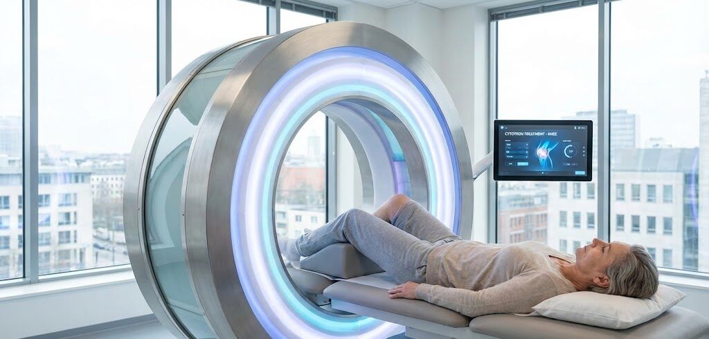 Patient undergoing non-invasive Cytotron Europa treatment using Quantum Magnetic Resonance (QMR) technology for regenerative knee care.