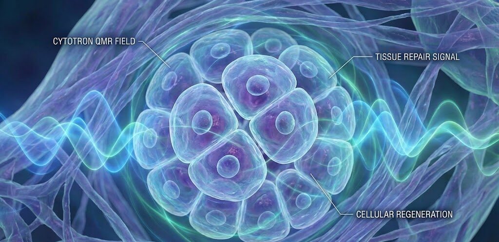 Scientific illustration of cellular repair and cartilage regeneration stimulated by Quantum Magnetic Resonance (QMR) technology used in Cytotron treatment.