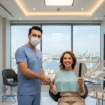 Happy patient receives high-quality dental implants in a modern Istanbul, Turkey clinic.