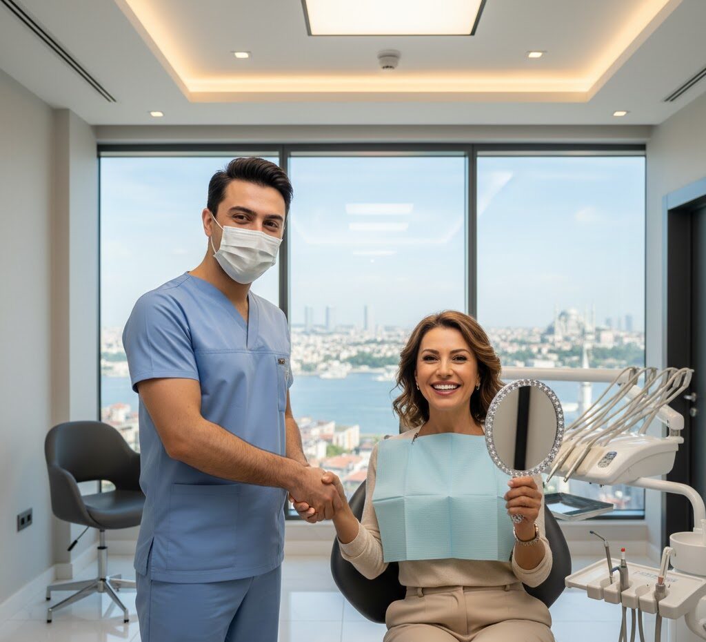 Happy patient receives high-quality dental implants in a modern Istanbul, Turkey clinic.