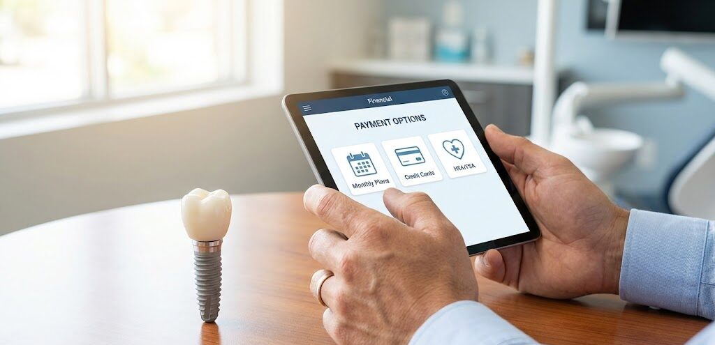Hands reviewing payment options and financing plans for affordable teeth implants on a tablet device.