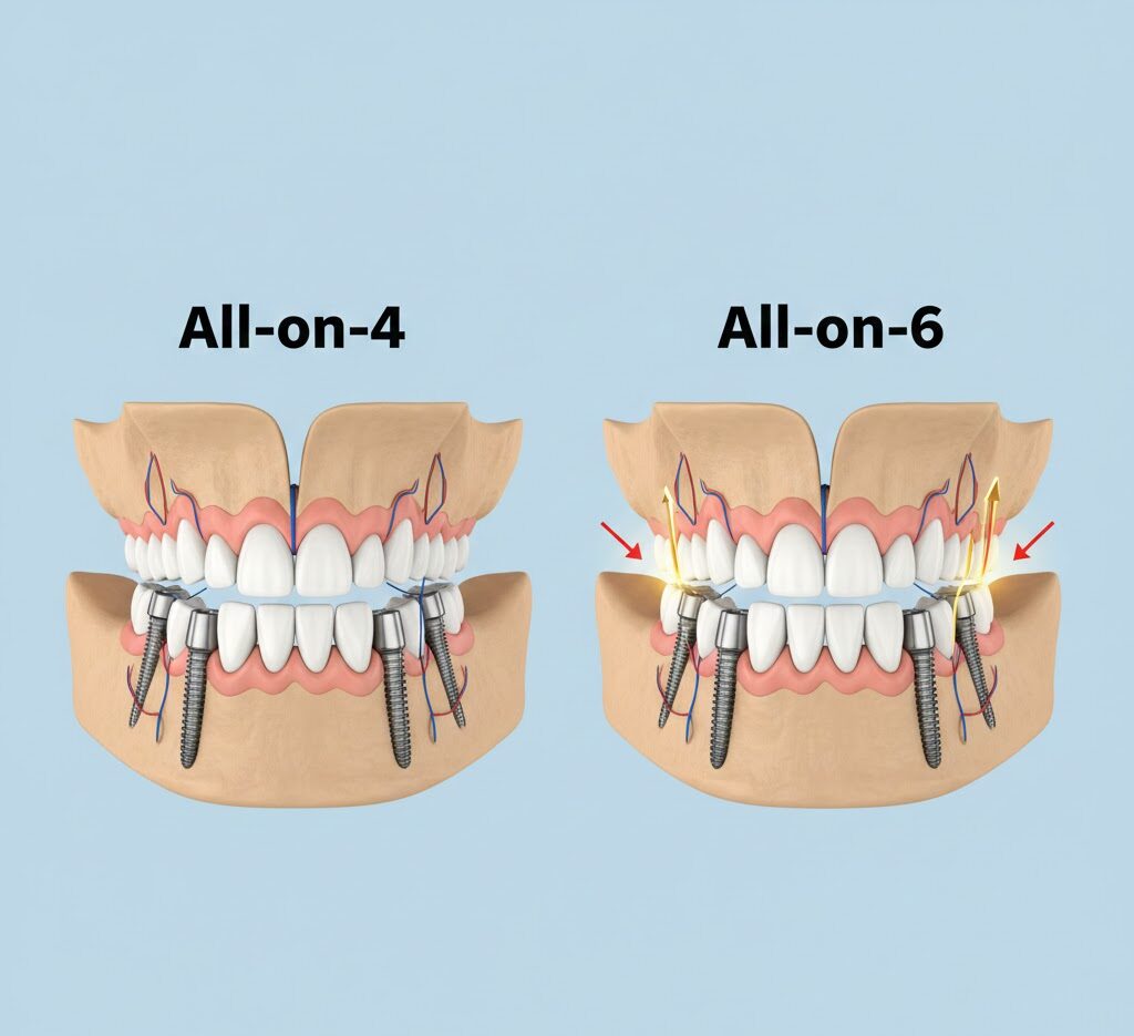 Detailed diagram comparing the placement of All-on-4 dental implants (four posts) and All-on-6 dental implants (six posts) in the jawbone, illustrating the structural differences for full-arch solutions.