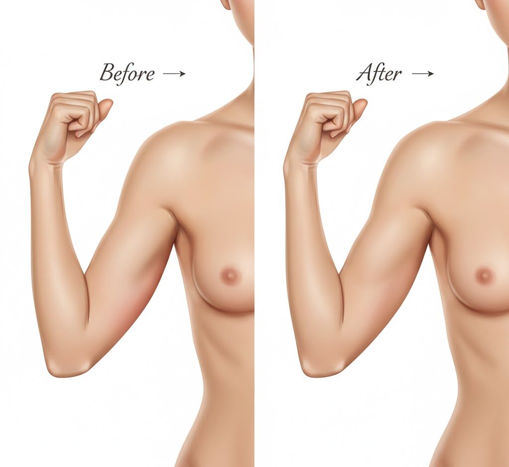 Illustration of an upper arm before and after arm liposuction, showing targeted fat removal and a resulting toned contour.