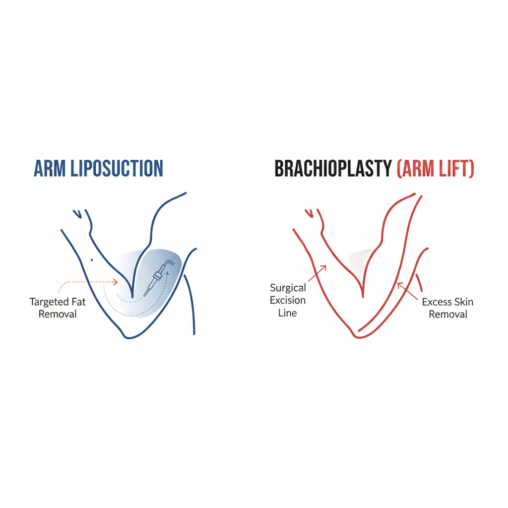 Comparison diagram showing the difference between arm liposuction (small incisions for fat removal) and brachioplasty (long incision for skin removal).