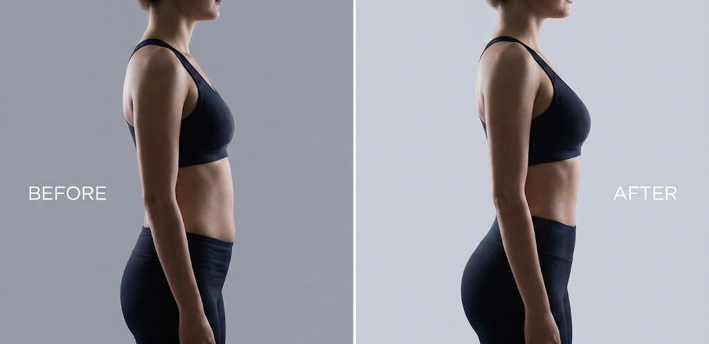 BBL before and after comparison showing a patient achieving a dramatic hourglass figure through fat transfer and liposuction body contouring.