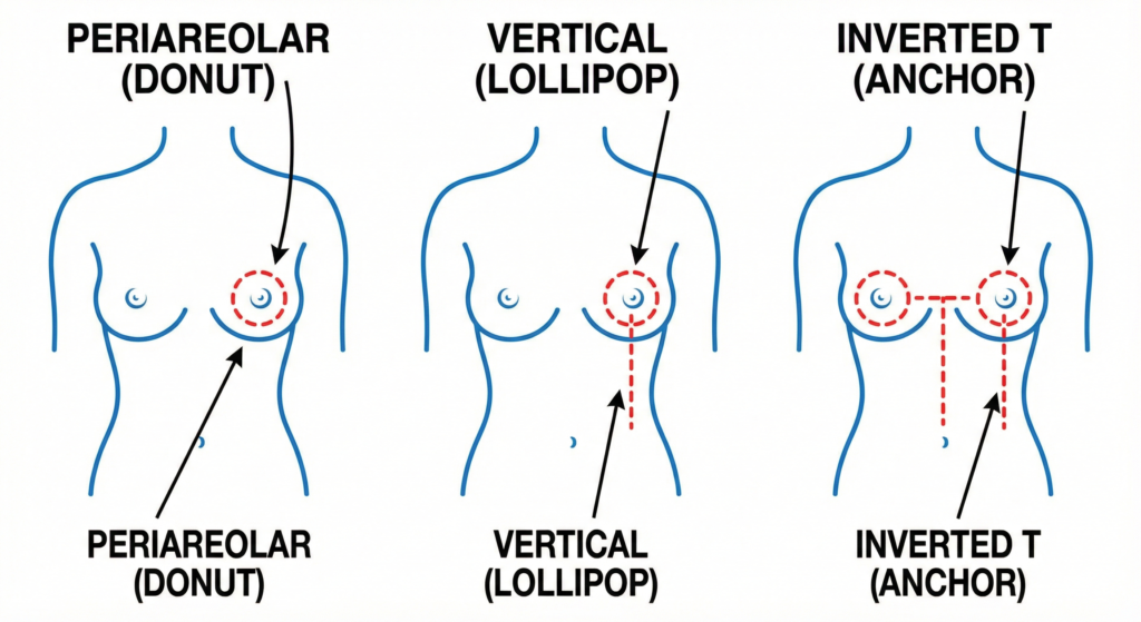 Diagram illustrating the three common surgical breast lift incision patterns: Donut (periareolar), Lollipop (vertical), and Anchor (inverted T) mastopexy.