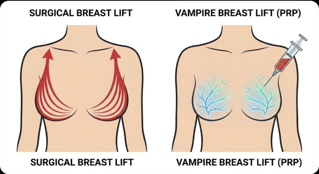 Comparison of dramatic results from a surgical breast lift vs. subtle skin rejuvenation achieved by the non-surgical Vampire Breast Lift (PRP therapy).