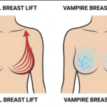 Comparison of dramatic results from a surgical breast lift vs. subtle skin rejuvenation achieved by the non-surgical Vampire Breast Lift (PRP therapy).