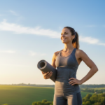 Woman enjoying increased mobility and comfort while stretching after successful breast reduction surgery.