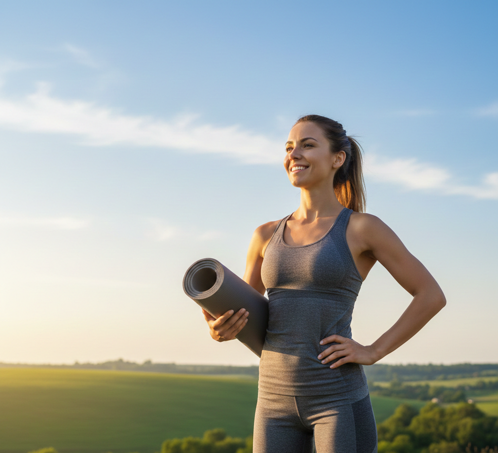Woman enjoying increased mobility and comfort while stretching after successful breast reduction surgery.