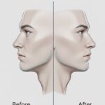 Illustration comparing a recessed chin before surgery and an augmented, defined chin profile after a chin implant procedure.