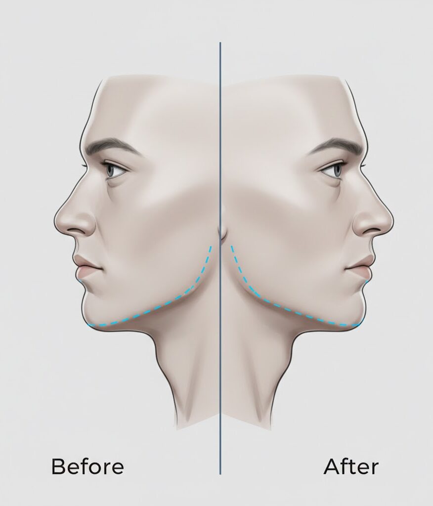 Illustration comparing a recessed chin before surgery and an augmented, defined chin profile after a chin implant procedure.