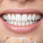 Close-up of bright, newly applied composite veneers on the upper front teeth, showcasing a perfect smile makeover.