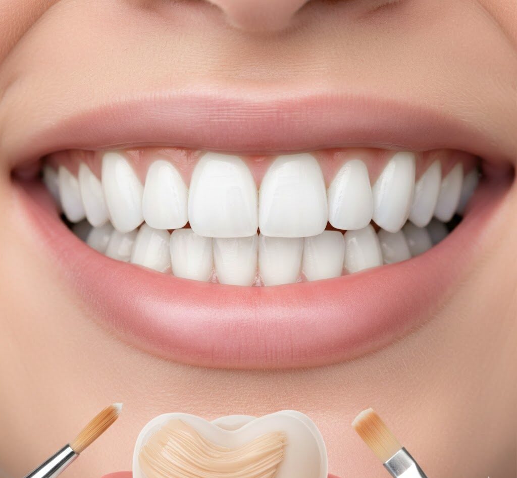 Close-up of bright, newly applied composite veneers on the upper front teeth, showcasing a perfect smile makeover.