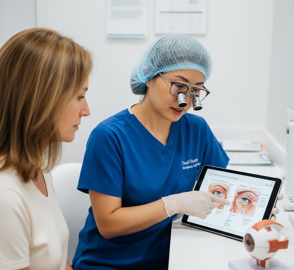Oculoplastic surgeon discussing delicate eyelid surgery with a patient during a consultation.