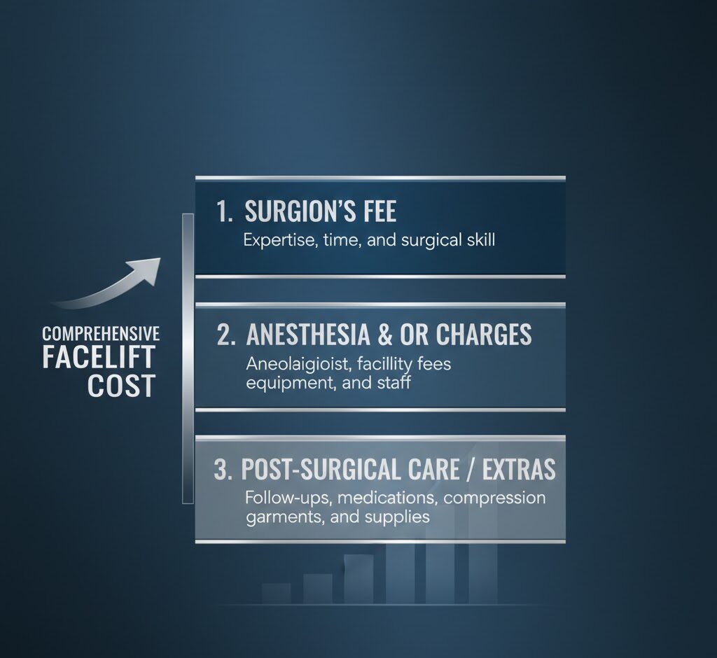 Infographic showing the breakdown of the total face lift cost, detailing surgeon's fees, anesthesia fees, and accredited facility charges.