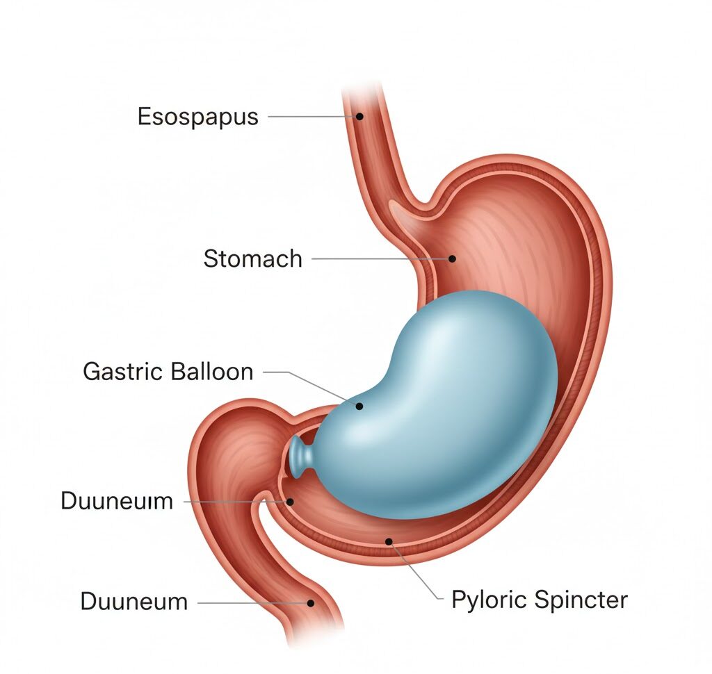 Medical diagram illustrating how an inflated gastric balloon works inside the stomach to promote satiety and aid in non-surgical weight loss.
