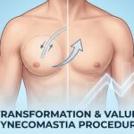 Conceptual illustration of gynecomastia surgery showing the transformation to a flat chest contour using both liposuction and excision techniques.