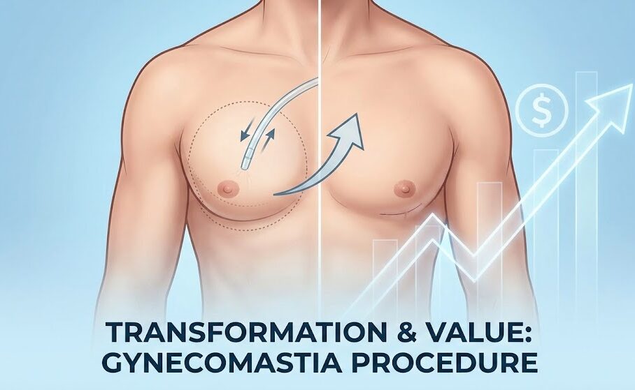 Conceptual illustration of gynecomastia surgery showing the transformation to a flat chest contour using both liposuction and excision techniques.