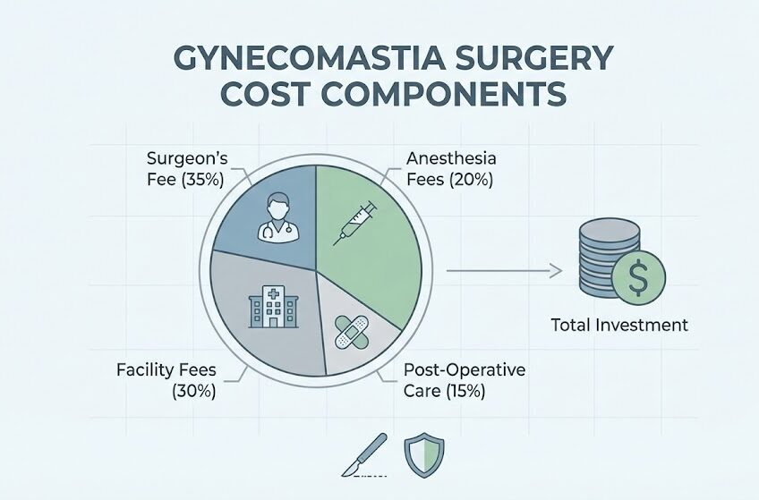 Infographic detailing the components of gynecomastia surgery cost, including surgeon's fee, anesthesia, facility charges, and post-op care.